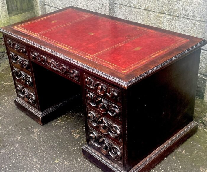 Superb Victorian Arts and Crafts Carved Oak Pedestal Desk - Image 4