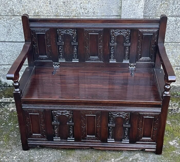 Outstanding Old Charm Solid Oak Monks Bench Arts Crafts Style - Image 2