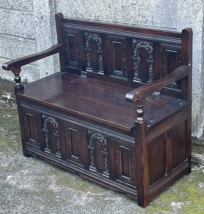 Outstanding Old Charm Solid Oak Monks Bench Arts Crafts Style - Image 3