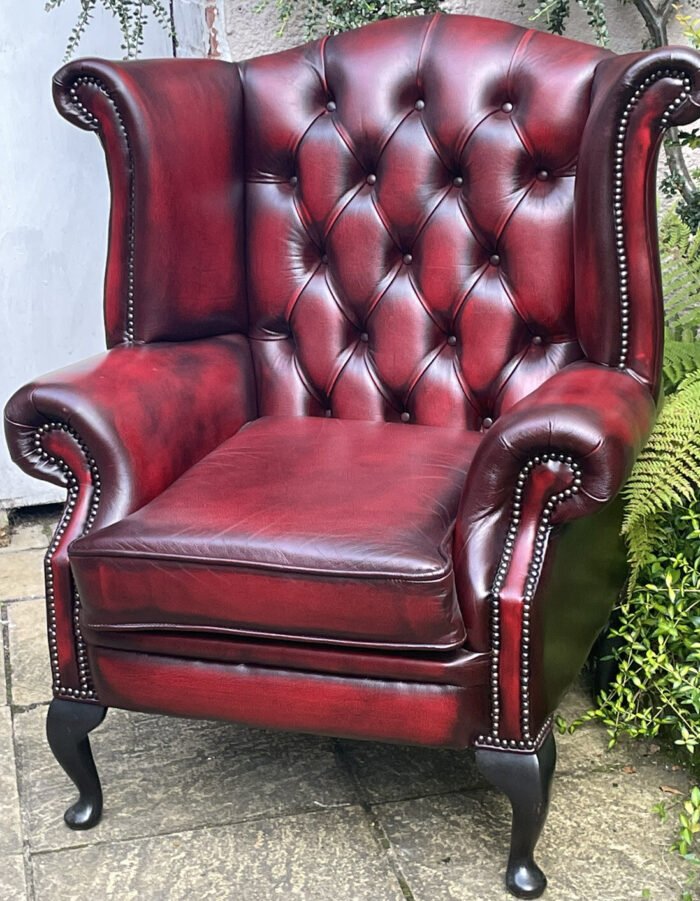 Antique Style Oxblood Leather Wingback Armchair British Made - Image 2