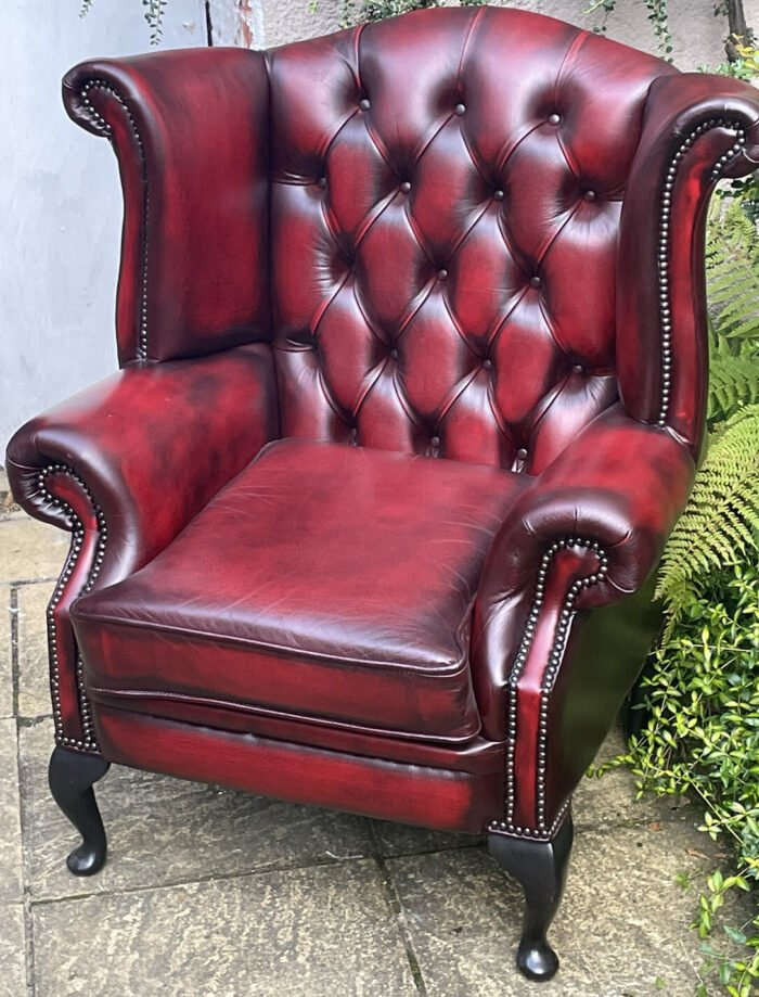 Antique Style Oxblood Leather Wingback Armchair British Made - Image 3