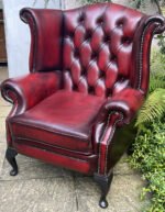 Antique Style Oxblood Leather Wingback Armchair British Made - Image 4