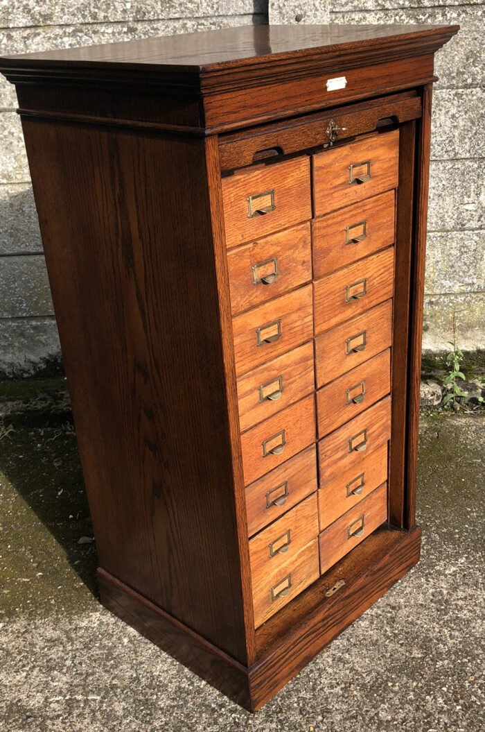 Rare Arts & Crafts Oak Tambour Filing Cabinet with 16 Trays - Image 4
