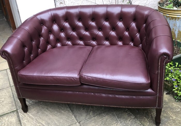 Antique Style Plum Leather 2 Seater Love Seat Sofa Vintage - Image 5