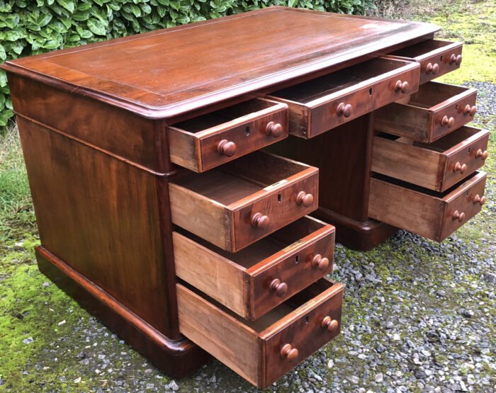 Victorian Mahogany Pedestal Writing Desk Antique Kneehole Desk - Image 4