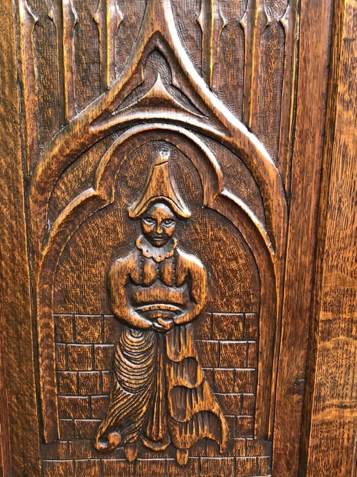 Rare Arts & Crafts Carved Solid Oak 2 Door Wardrobe Antique Hall Wardrobe - Image 3