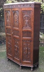 Rare Arts & Crafts Carved Solid Oak 2 Door Wardrobe Antique Hall Wardrobe - Image 4