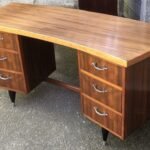 Retro Walnut Bowfront Writing Desk 6 Drawer Vintage Office Desk Clean Condition