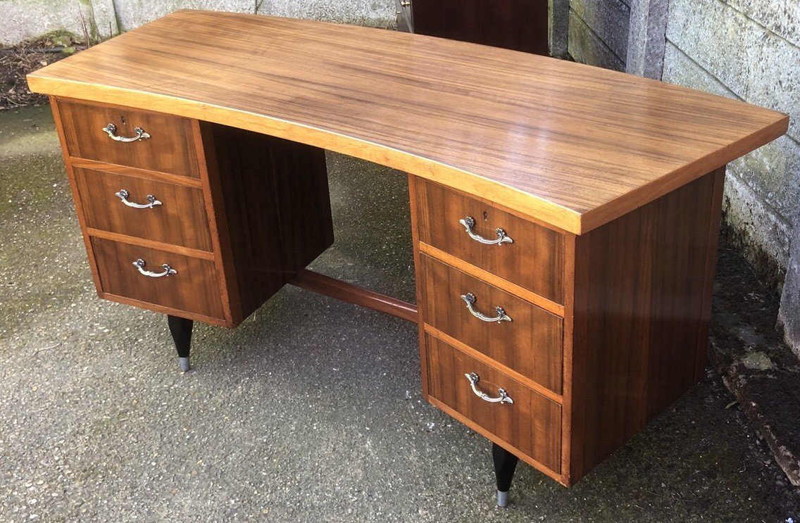 s-l1600-1392.jpg Retro Walnut Bowfront Writing Desk 6 Drawer Vintage Office Desk Clean Condition - Image 1