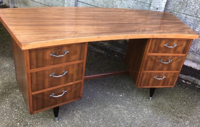 Retro Walnut Bowfront Writing Desk 6 Drawer Vintage Office Desk Clean Condition - Image 2