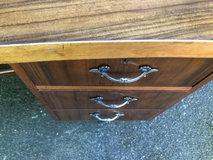 Retro Walnut Bowfront Writing Desk 6 Drawer Vintage Office Desk Clean Condition - Image 3