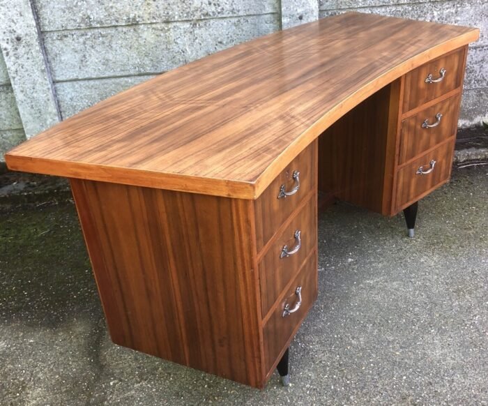 Retro Walnut Bowfront Writing Desk 6 Drawer Vintage Office Desk Clean Condition - Image 4