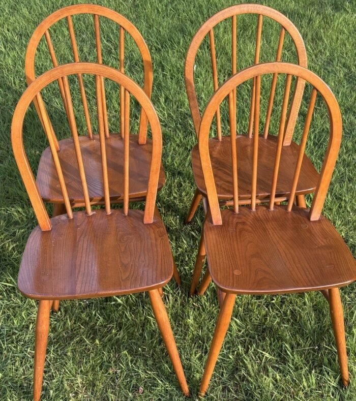 Set of 4 Retro Ercol Dining Chairs Small Solid Elm and Beech - Image 2