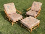 RARE ERCOL 442 PAIR OF ARMCHAIRS WITH MATCHING STOOL