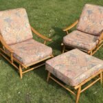 RARE ERCOL 442 PAIR OF ARMCHAIRS WITH MATCHING STOOL