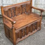 Solid Carved Oak Old Charm Monks Bench with Storage | Arts & Crafts Style | Tudor Brown