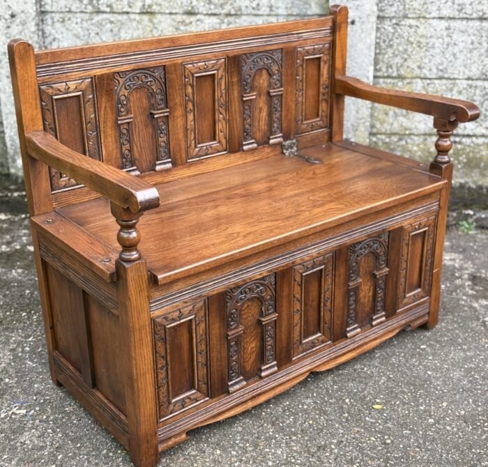 Solid Carved Oak Old Charm Monks Bench with Storage | Arts & Crafts Style | Tudor Brown - Image 2