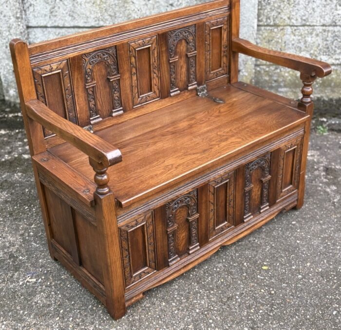 Solid Carved Oak Old Charm Monks Bench with Storage | Arts & Crafts Style | Tudor Brown - Image 3