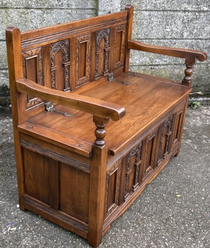 Solid Carved Oak Old Charm Monks Bench with Storage | Arts & Crafts Style | Tudor Brown - Image 4