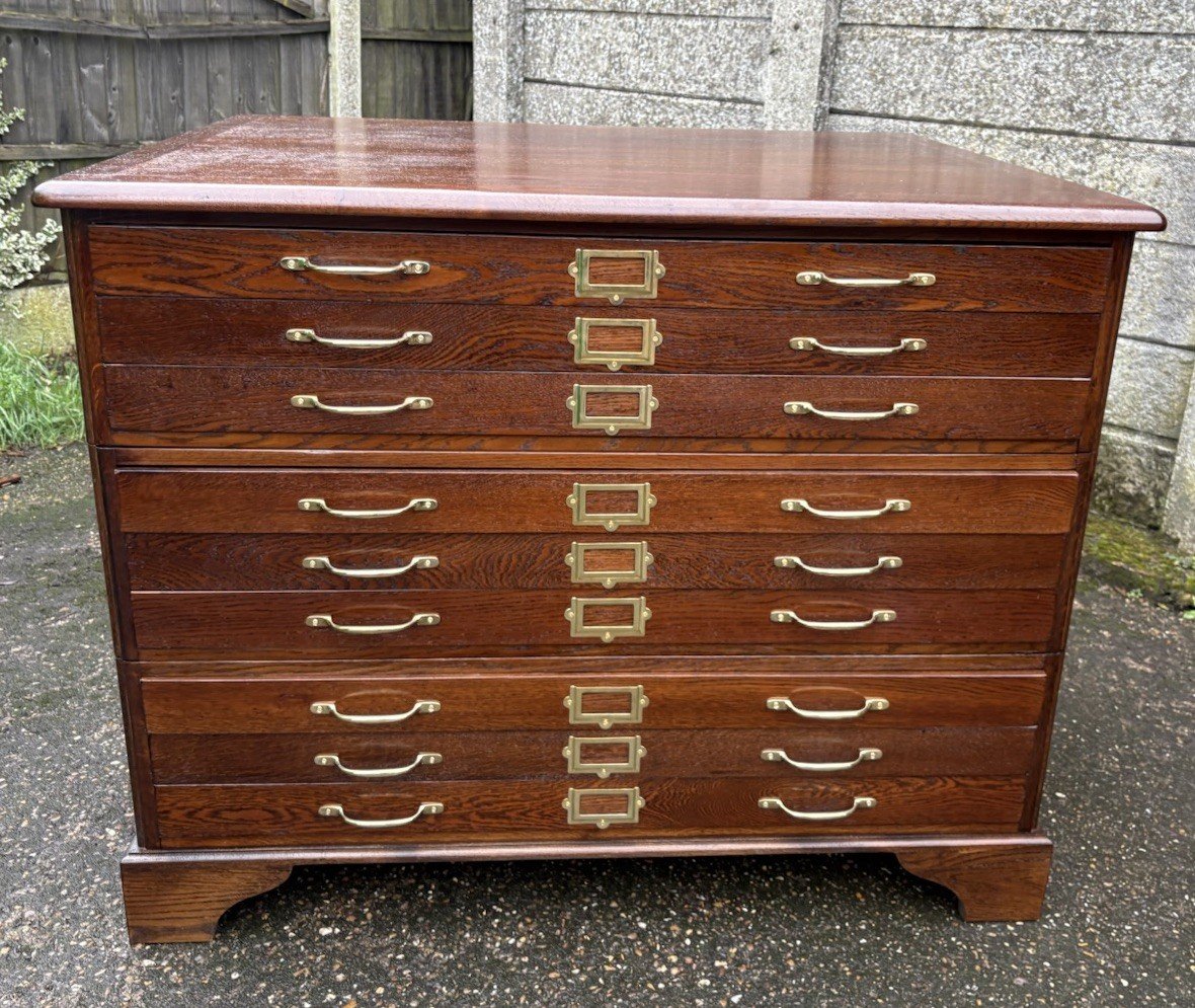 s-l1600-427.jpg Very Rare Antique Oak Arts & Crafts 9 Drawer Plan Chest - Image 1