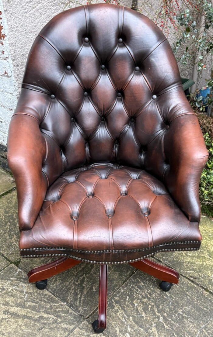 Antique Style Conker Brown Leather Swivel Directors Armchair - Image 2