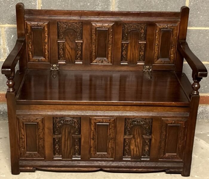 SOLID CARVED OAK OLD CHARM MONKS BENCH - Image 3