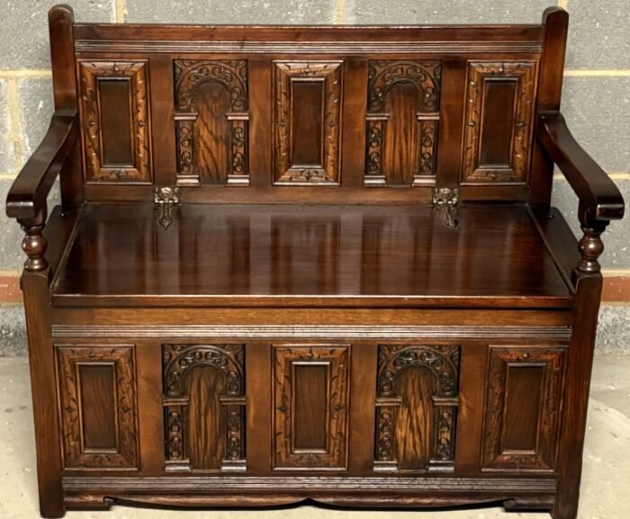 SOLID CARVED OAK OLD CHARM MONKS BENCH - Image 5