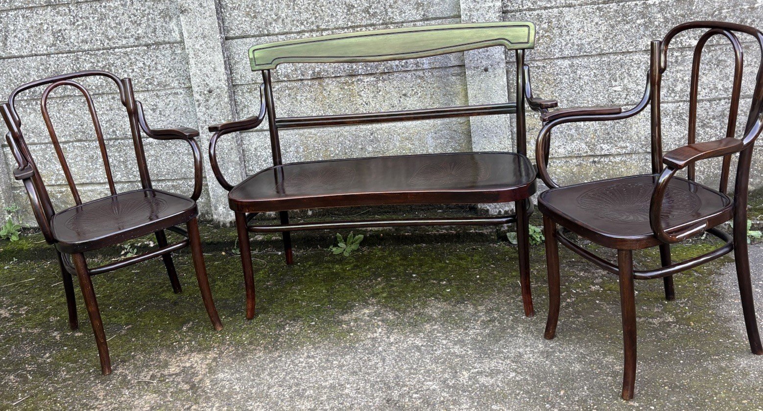 s-l1600-732.jpg Rare Antique Thonet Bentwood 2 Seater Bench & Two Armchairs Early 20th Century - Image 1
